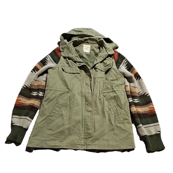 Thread & Supply Womens Jacket XS Olive Green Aztec Sleeve Hooded Zip Button Up - Picture 5 of 14